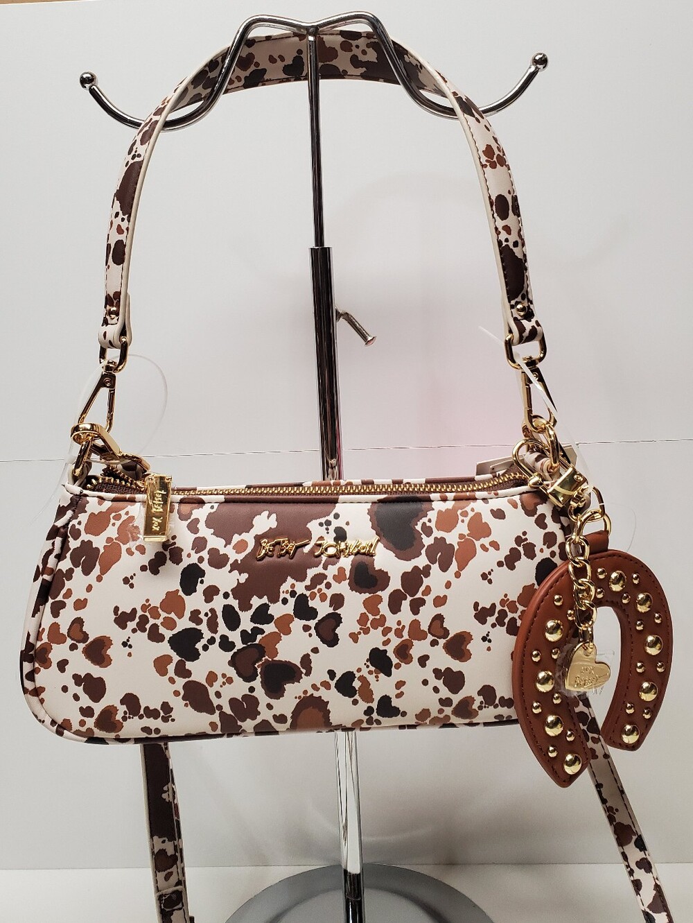 Betsey Johnson White and Brown Speckled Shoulder Bag with Gold Hardware